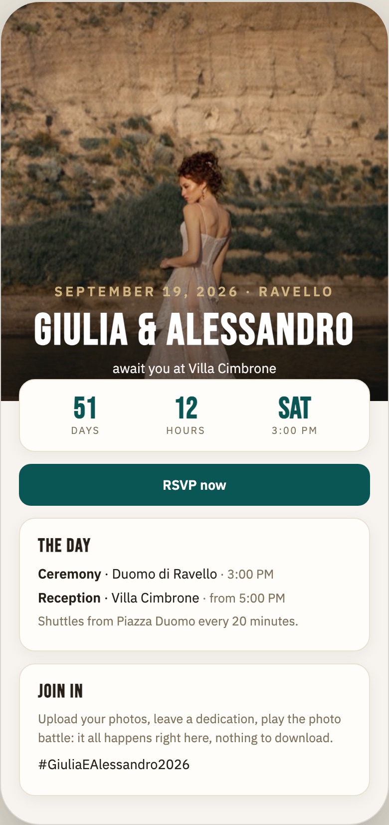 Vertical screenshot: the guest app on a phone (guest.thewedportal.com)