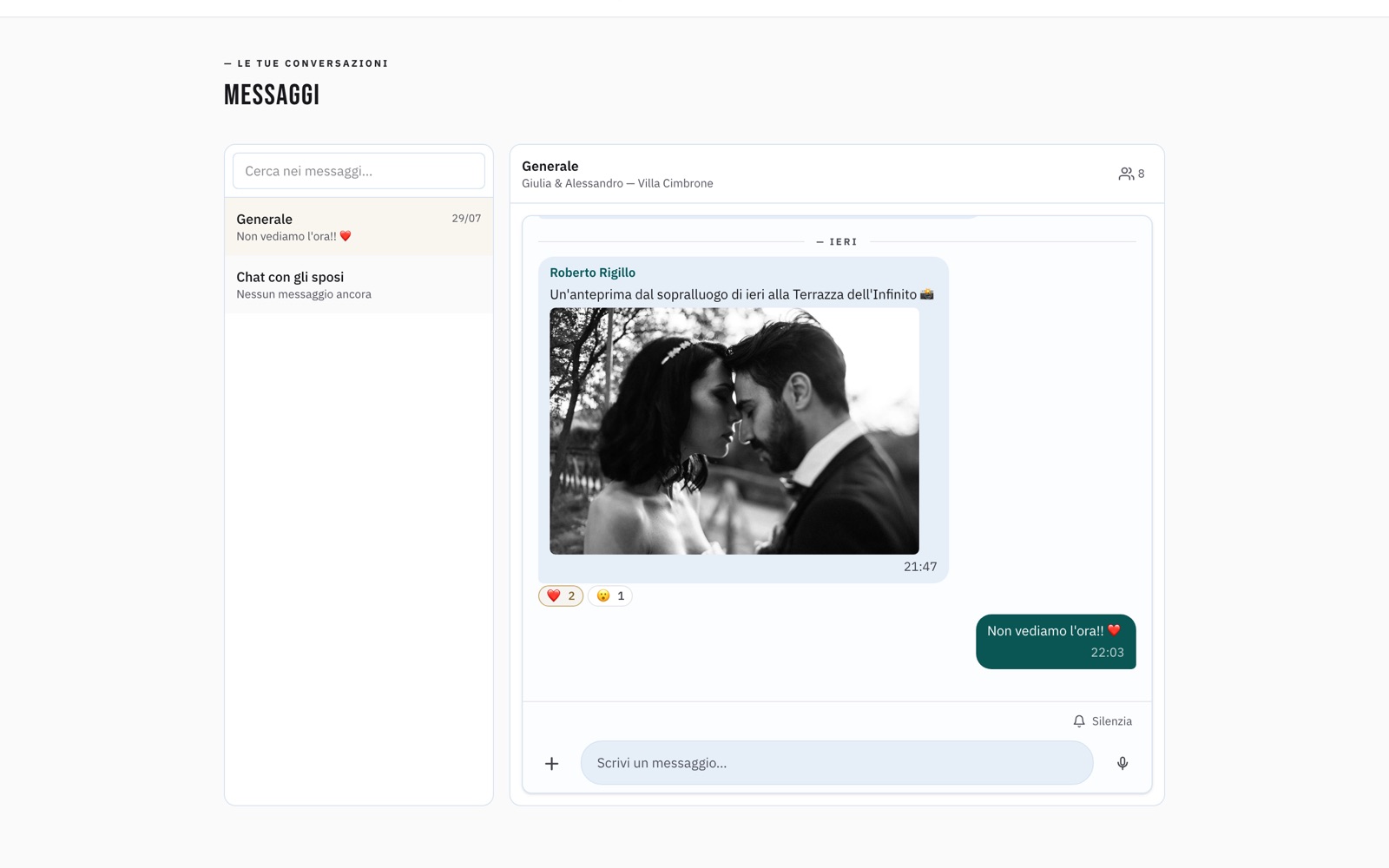 Screenshot: the event chat as the couple sees it
