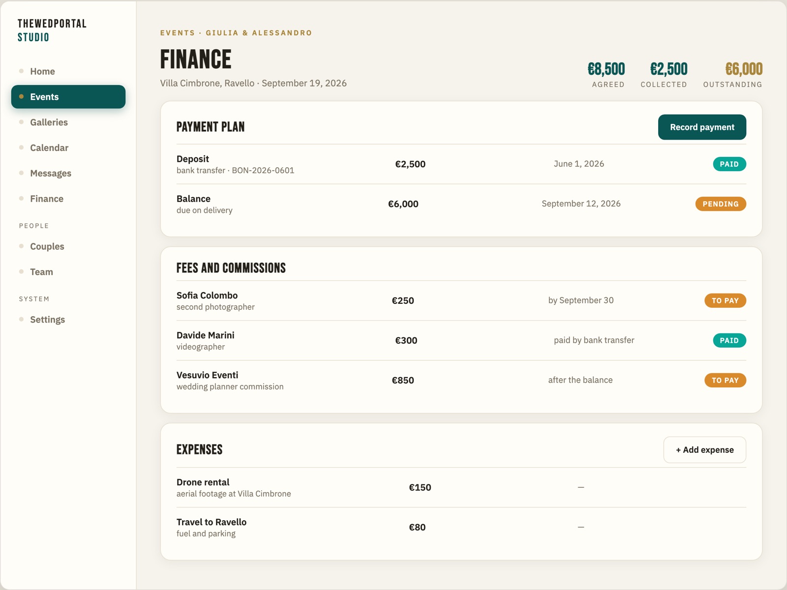 Screenshot: the event's finance panel with instalments