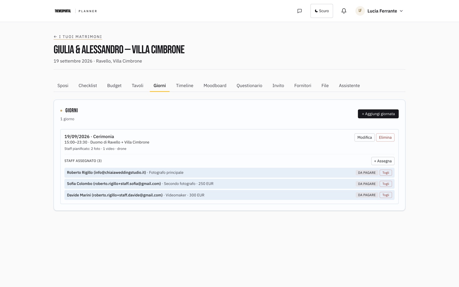 Screenshot: assigning the team to an event