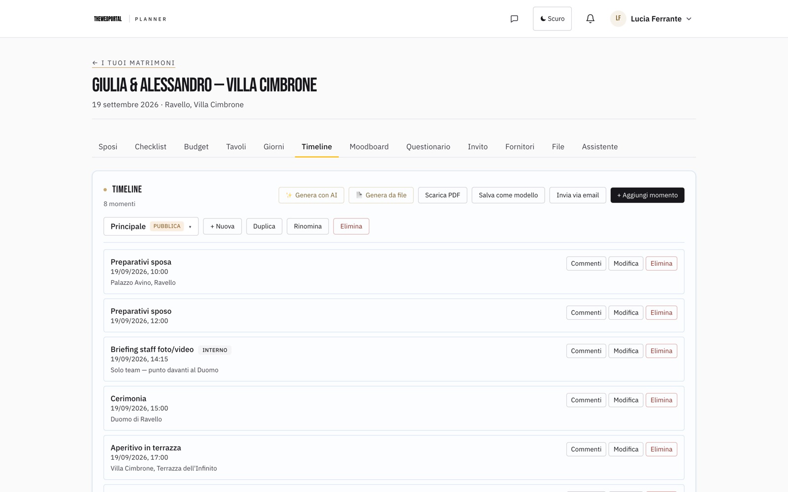 Screenshot: the day's timeline with owners