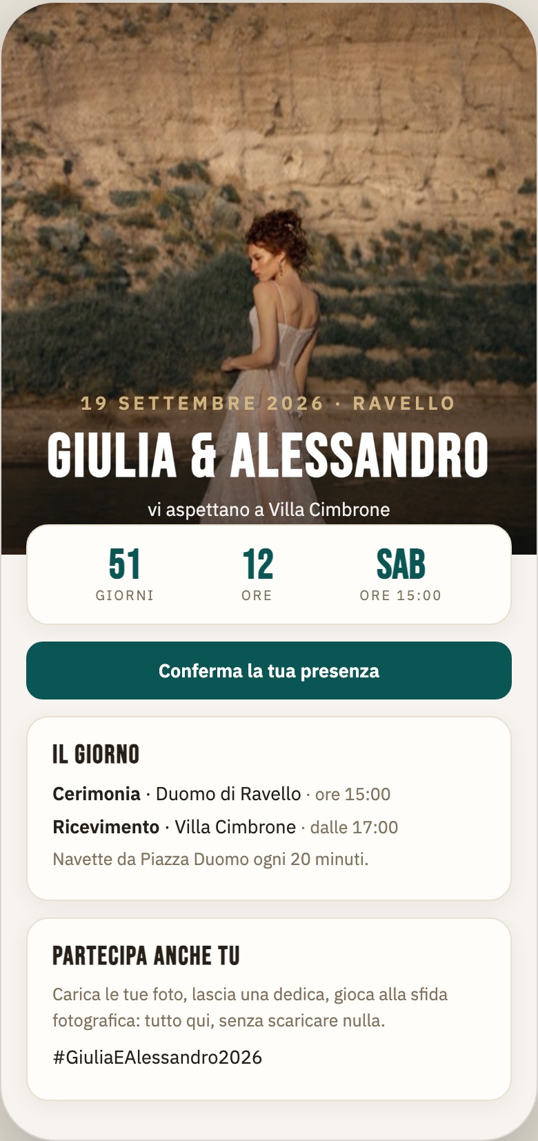 Screenshot verticale: l'app invitati sul telefono (guest.thewedportal.com)