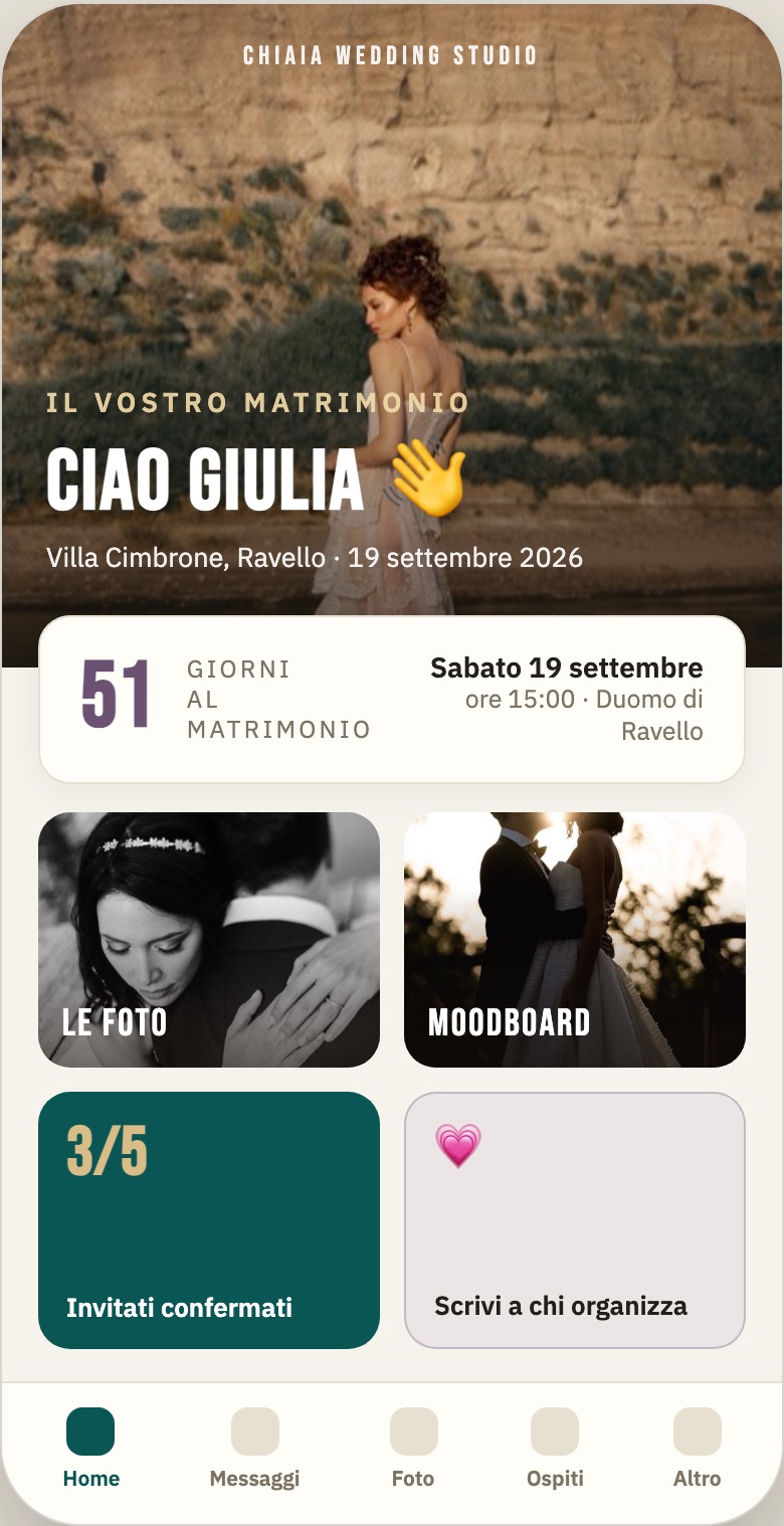 Screenshot verticale: la home dell'app sposi sul telefono