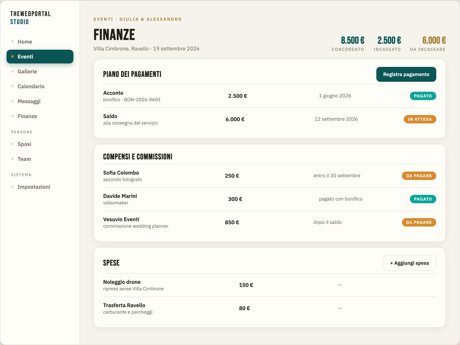 Screenshot: il quadro finanze dell'evento con le rate