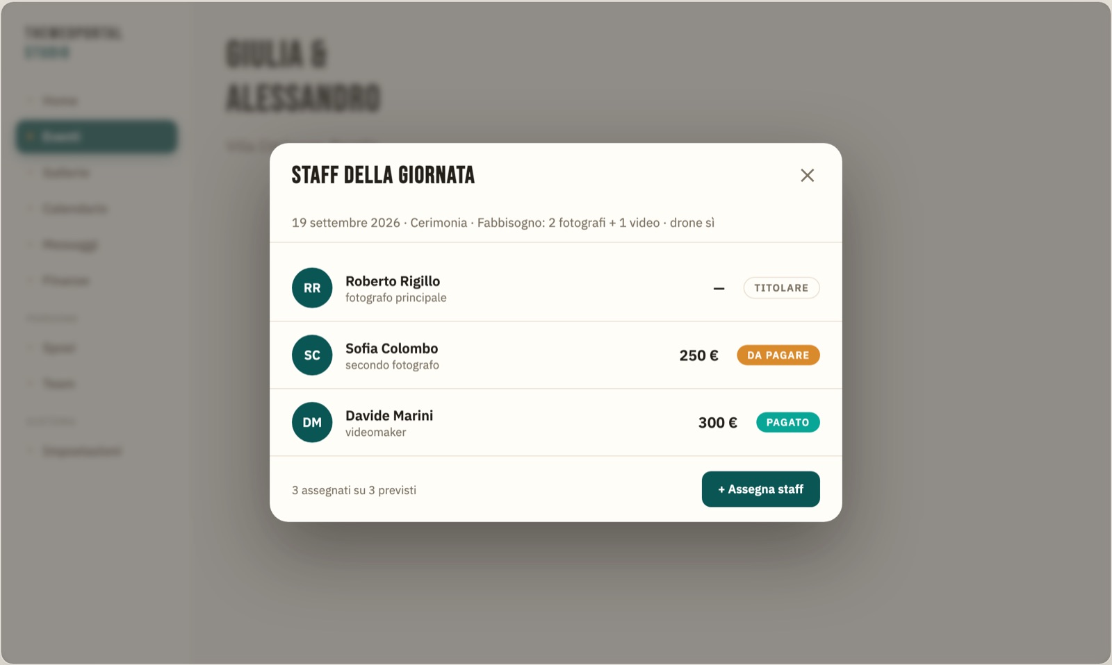 Screenshot: assegnazione del team sulla scheda evento